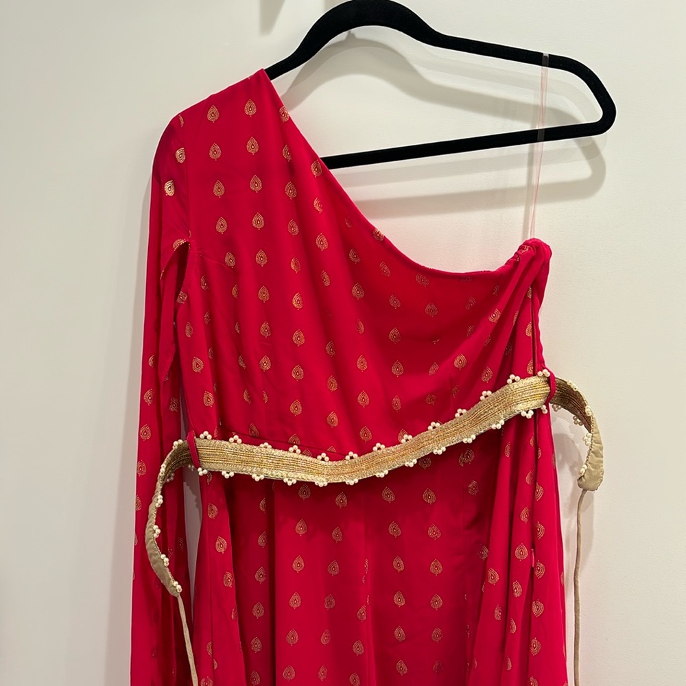 One shoulder anarkali gown. Hot pink color with embellished belt